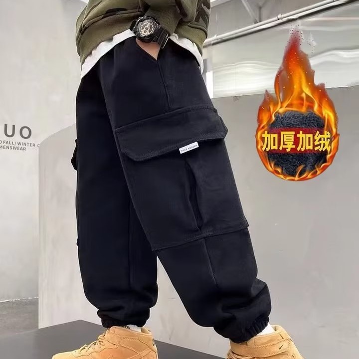Picture of Winter Boys' Velvet Cargo Pants 2024 New Kidsren's Clothing All-In-One Velvet Casual Pants Winter Clothing Kidsren's Trendy Brand Pants