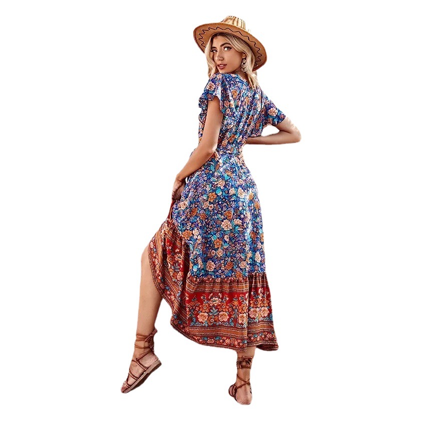 Wish Amazon's Hot-Selling Women's Cross-Border Export Bohemian Lace-Up Long V Neck Printed Dress