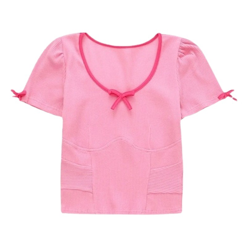 Summer Slim-fit Ultra-short High-waist Navel-exposed Short-sleeved Top Girl Sweet Threaded Knitted Bow Round Neck T-shirt