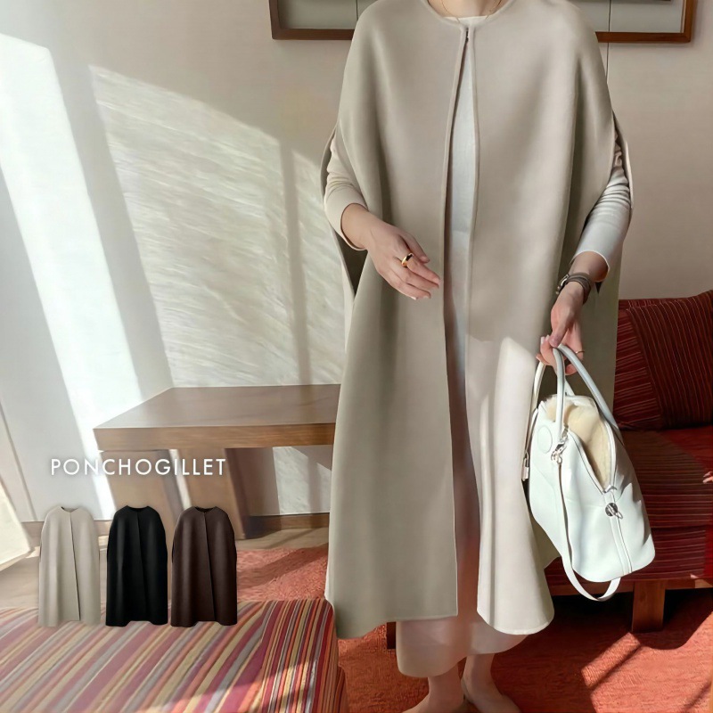 Spot 2023 Autumn and Winter Japanese Style Women's Cape Design Loose Bat Shirt Woolen Mid-Length Vest Jacket