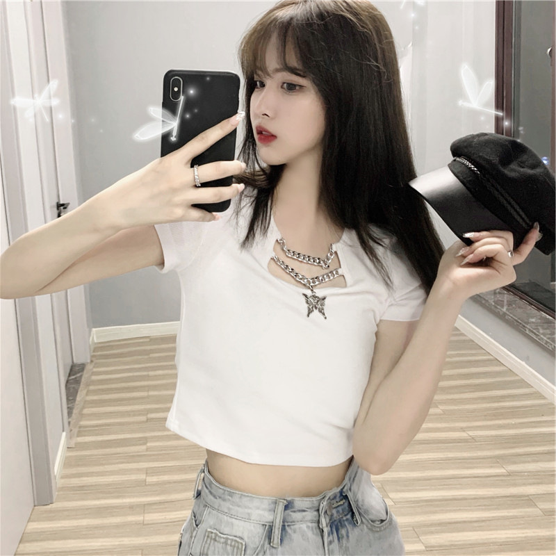 Internet Celebrated Hollow Butterfly Chain Design Sense Summer 2021 New Arrival Navel Short-sleeved T-shirt Short Top Women's Summer