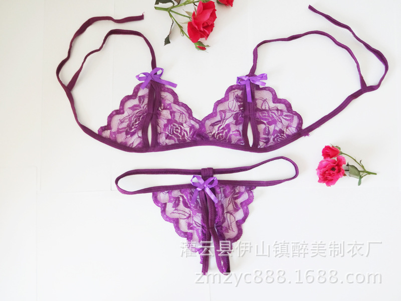 Picture of Sexy Lingerie Three-Point Open Breast-Exposing Bikini Lace Pajamas Set Thong Two-Piece Set Gift Delivery