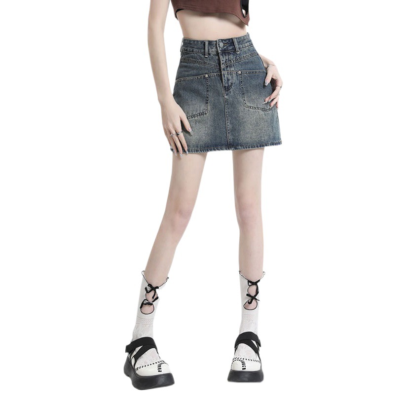 Half-length Denim Skirt Women's Summer Skirt a-shaped Casual Split Pocket Design ins Retro Hip Skirt for Children