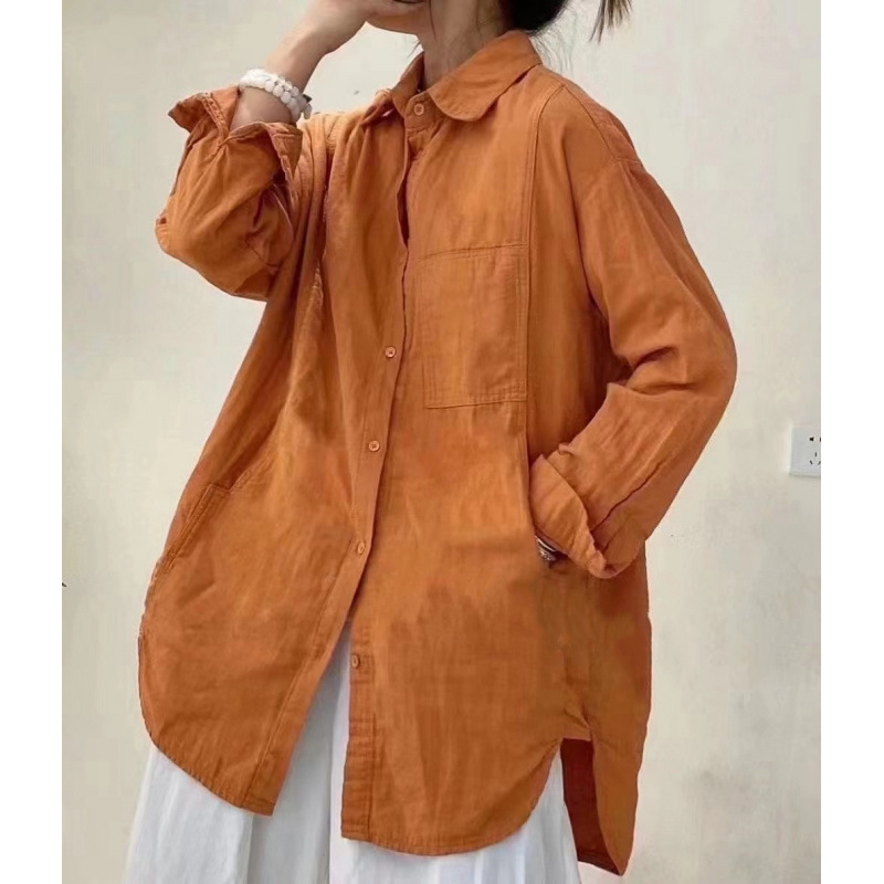 New Korean version of foreign trade explosion cotton and linen printing long sleeve loose long shirt top women