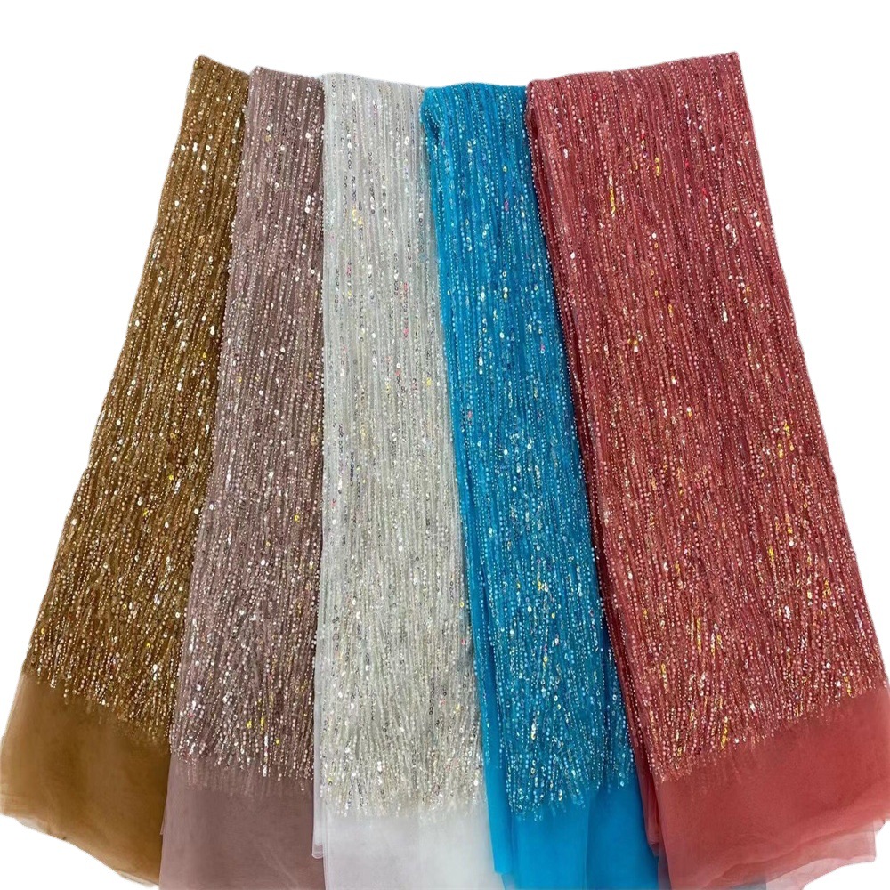 European and American Lace Bead Tube Mesh Straight Stripe Pattern Fabric Heavy Industry Sequin Wedding Dress Dinner dress Dress Lace