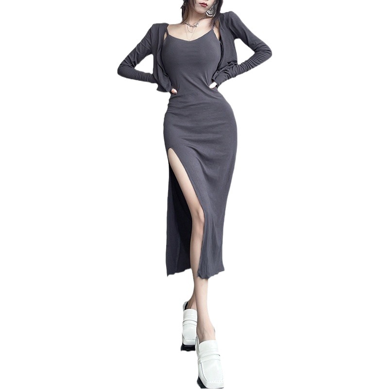 Socialite elegant royal sister style sexy split pure desire sling sheath dress long sleeve cardigan fashion two-piece suit