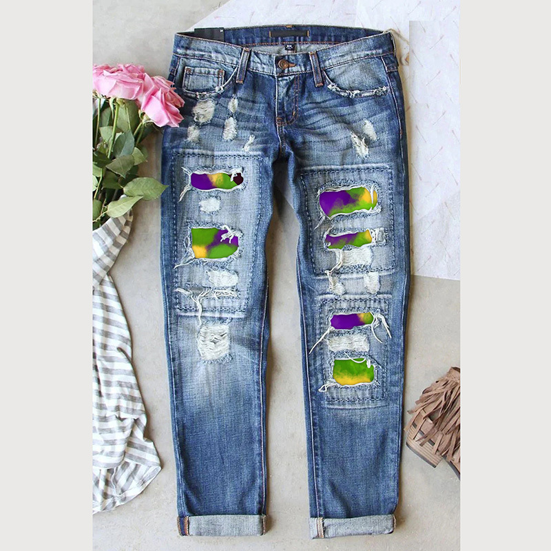 European and American Women's Carnival Street Tide 2023 New Wide Leg Pants Cross-border wish Hole Straight Denim Pants