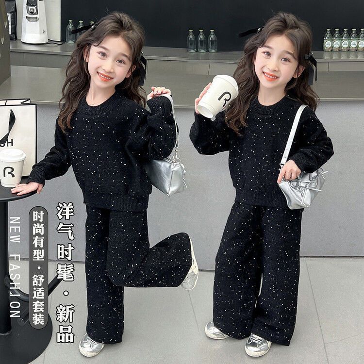 Picture of Girls' Sweatshirt Set Spring and Autumn Korean Style Trendy Big Girl Fashionable Street Sequin Wide-Leg Pants Two-Piece Set