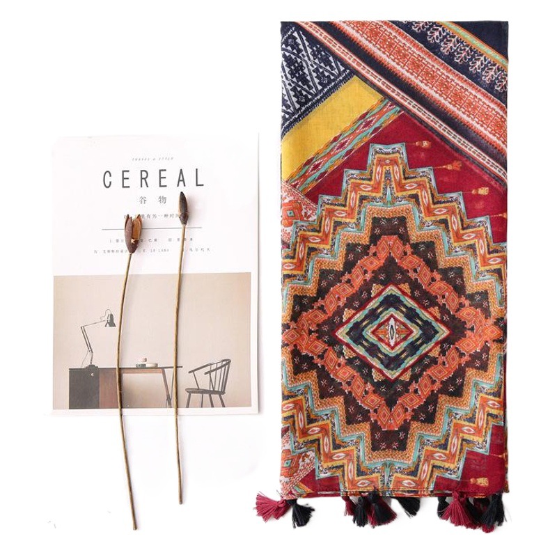 2020 New Bohemian Color Geometric Diamond Printed Scarf Spring and Summer Cotton Linen Hand-feel Sunscreen Scarf