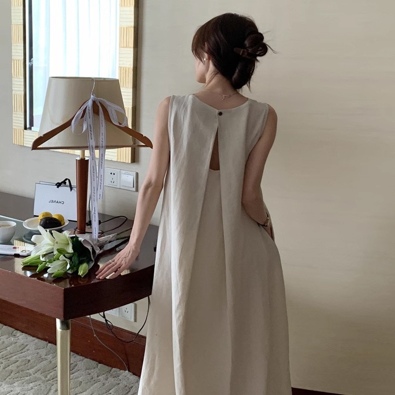 Summer Hollow Backless Sleeveless Vest dress Women's Korean-style Chic Simple Elegant Round Neck One-button Long Skirt