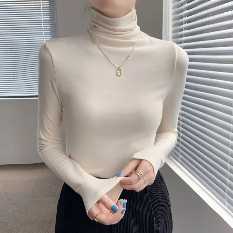 Picture of European high collar soft fleece-lined long sleeve T-shirt women's 2024 autumn and winter new solid color inner base shirt top