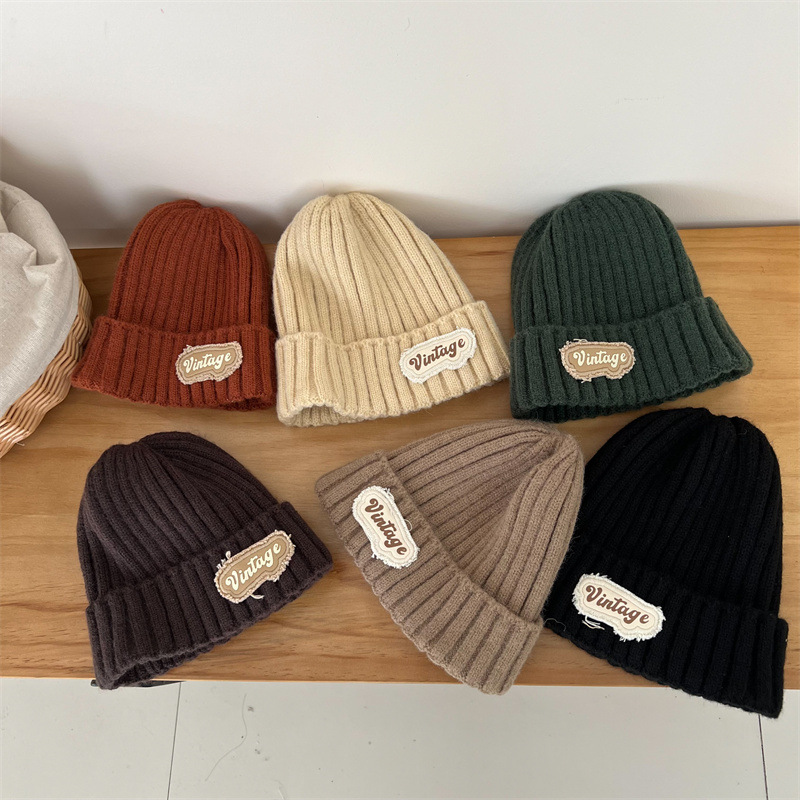 Children's Wool Hat Autumn and Winter South Korea Western-style Cloth Label Knitted Hat Fashionable Children's Baby Winter Travel Wear Warm Hat
