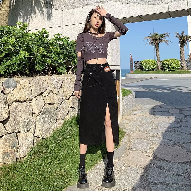 Denim Skirt Split Women's Summer 2024 New High Waist Mid-length A- line Skirt Irregular Hip Skirt