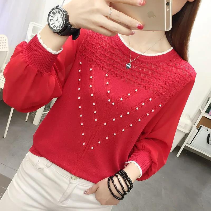 Chiffon Ice Silk Knitted Bottoming Shirt Spring and Autum New Long-Sleeved Round Neck Elegant Western Style Top Slimming Look Loose Sweater