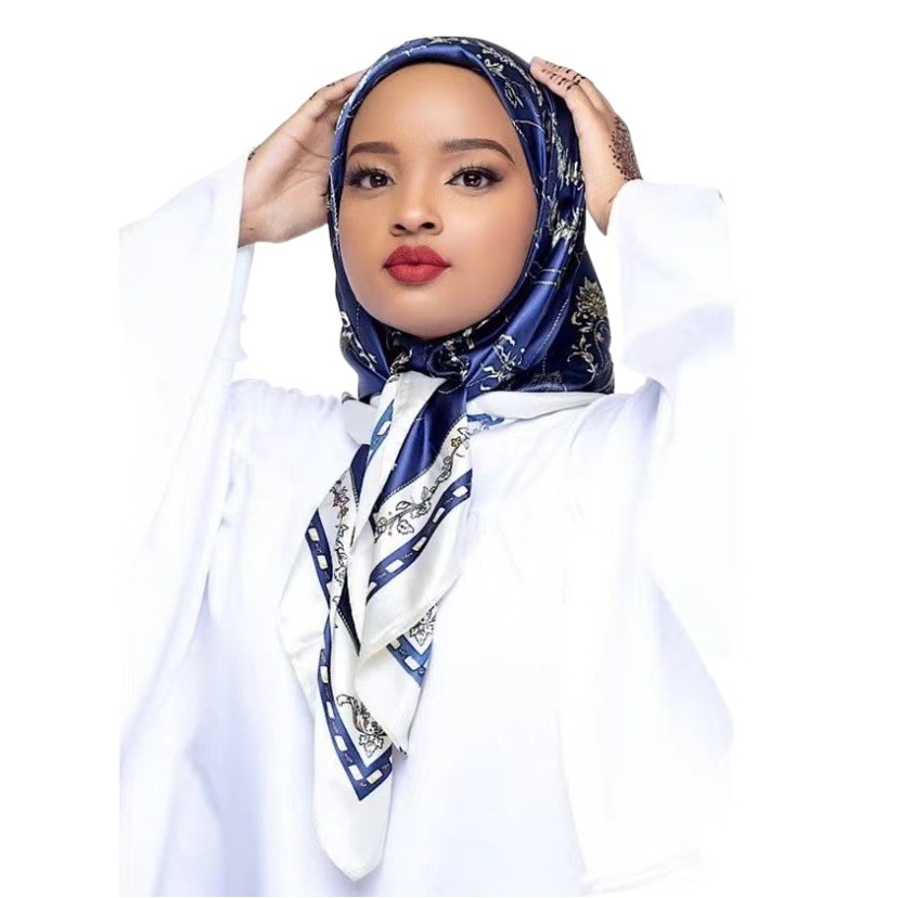 Cross-border Hot-selling Casual Turban 90cm Satin Saute Large Square Printed Silk scarf Satin scarf