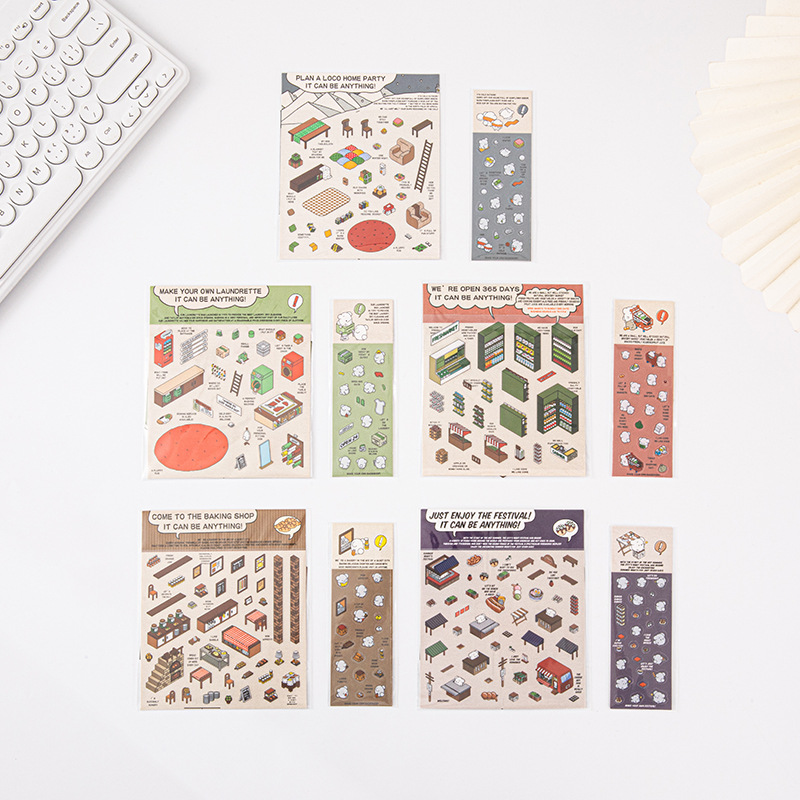 Cross-Border Korean-Style Miniature House Stickers, Miniature Scene, No-Cut Journaling, 3D Stereo Stacking Journaling, Stereo Scene