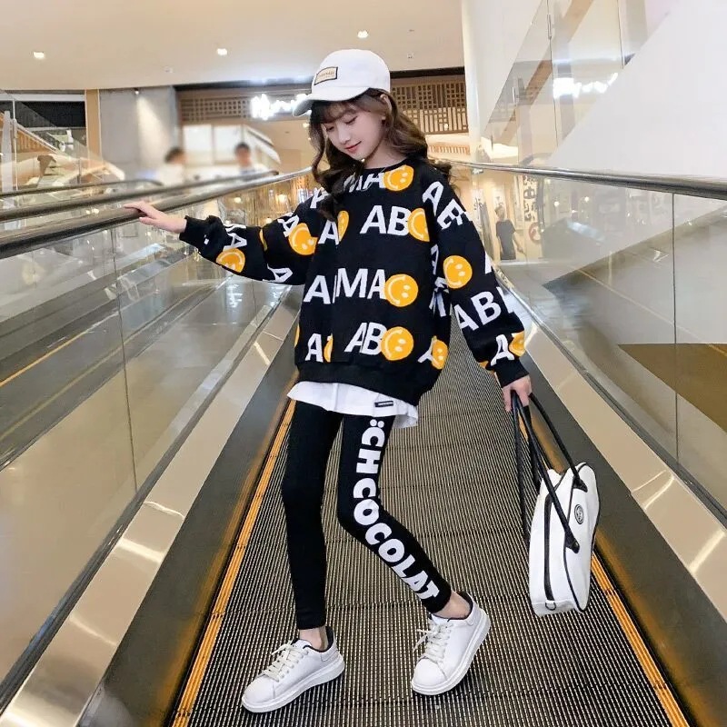 Girls' Fashion Foreign-style Alphabet Autumn suit Children's Girls Spring and Autumn New Leisure Sports Two-piece Fashionable Set