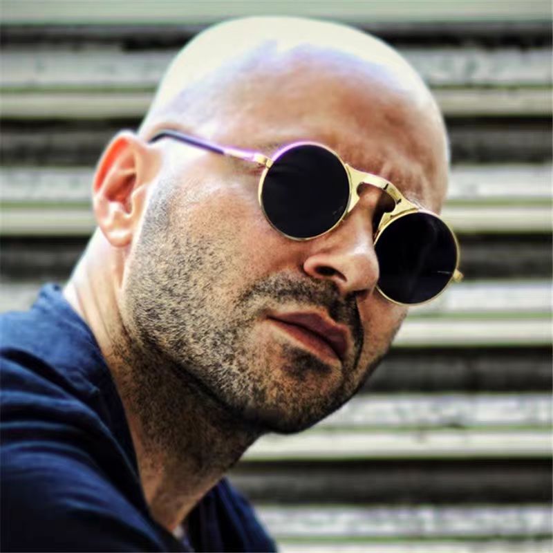 Jet 3057 Retro Metal Steampunk Flip Sunglasses Flip Sunglasses for Men and Women Trendy Round Frame Prince Mirror