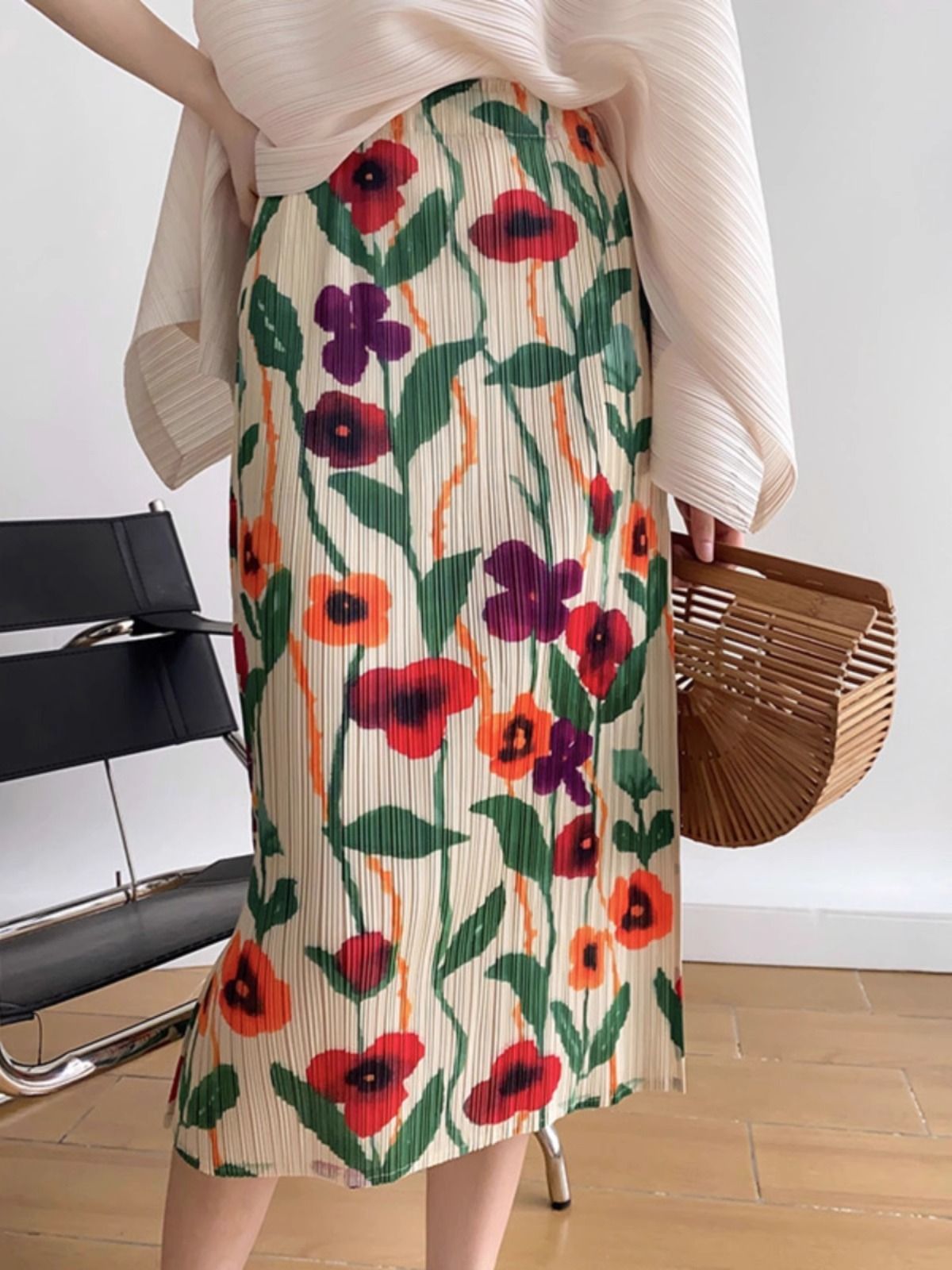 Summer Fashion New Printed Pleated Skirt Design Slimming Elegant High Slit Loose Straight Pleated Skirt for Women