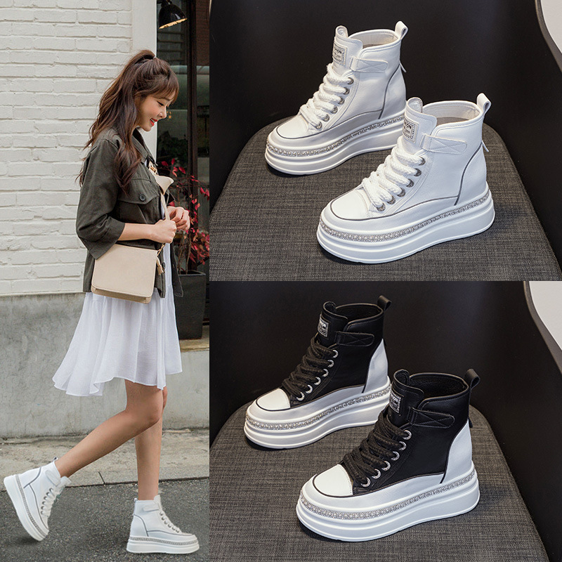 Women's Genuine Leather Sneakers 2025 Autumn New Platform Versatile High-Top Thick-Soled Height-Increasing Casual Shoes