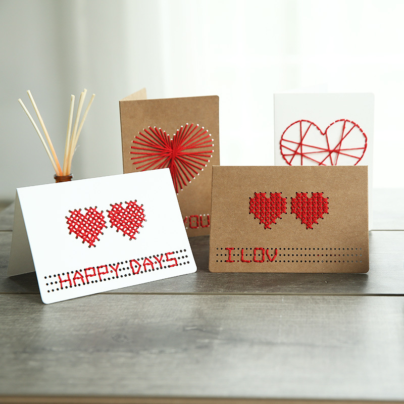 Picture of Cross-Border Cowhide Creative DIY Cross-Stitch Heart Valentine's Day Paper Carving with Envelope Greeting Card Goddess' Day Teacher Card