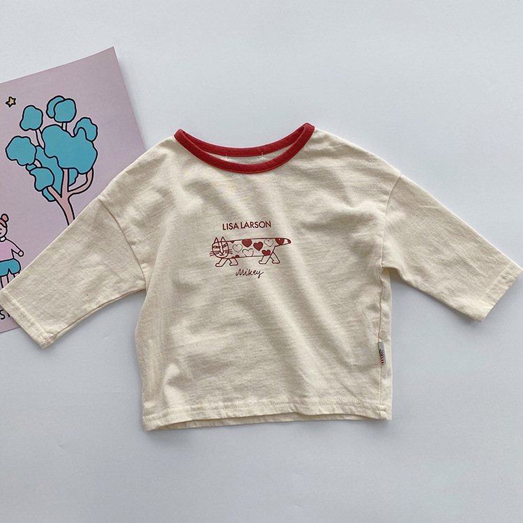Picture of Children's Korean-style Autumn Children's Wear Top Ins Simple Color-matching Edge Lovely Long Cat Long-sleeved T-shirt for Boys and Girls