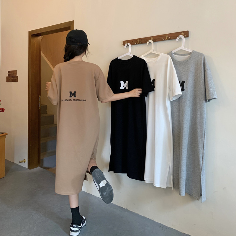 Summer New plus size Women's chubby girl Loose Belly Covering Base Shirt Women's Slim Long Over-the-Knee T-Shirt Dress