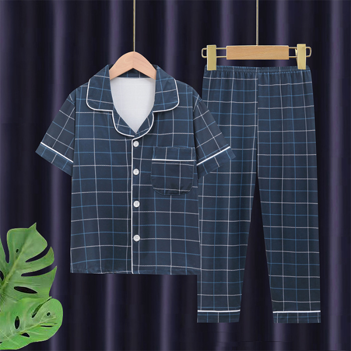 Picture of Children's pajamas men's medium and large children's short-sleeved trousers cardigan summer air conditioning clothes boys' cartoon homewear suit outer wear