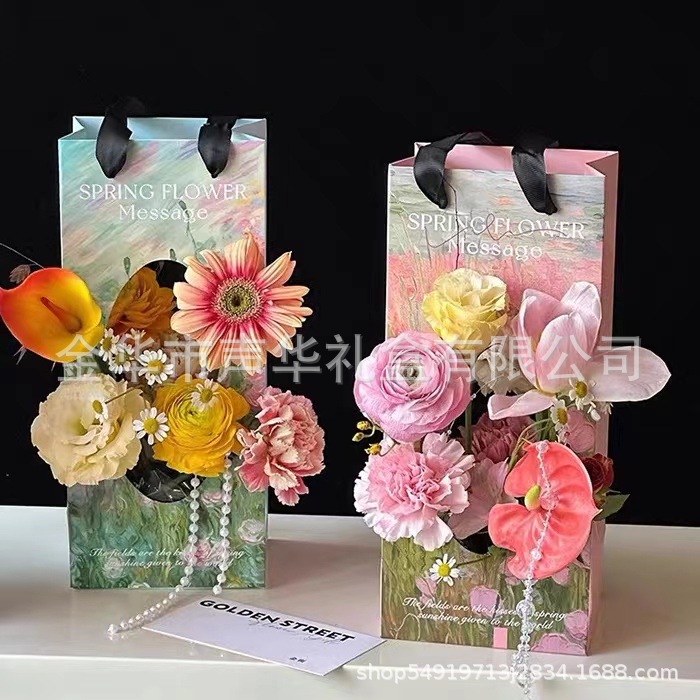 new style oil painting series flowers bouquet tote bag folding tote box floral flowers diy packaging material
