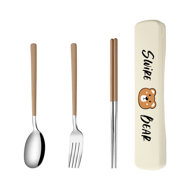 Picture of 304 Stainless Steel Portable Tableware Fork Spoon Chopsticks Set Three-piece Gift Student Tableware Set