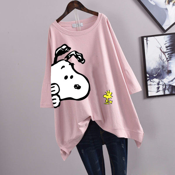 Picture of 100kg Plus Size Women's Summer Leaf Print Casual Slit Mid-Length Short Sleeve T-Shirt Loose Oversized Style
