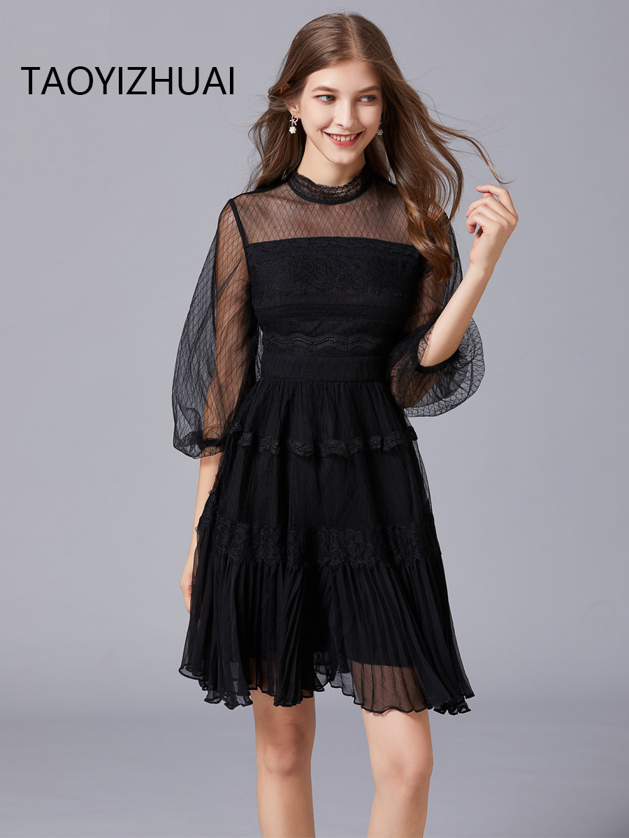 Middle-aged Sexy Lace Mesh Dress for Slight Chubby Large Size High Neck Slimming Fashionable A- line Large Swing Small Black Dress