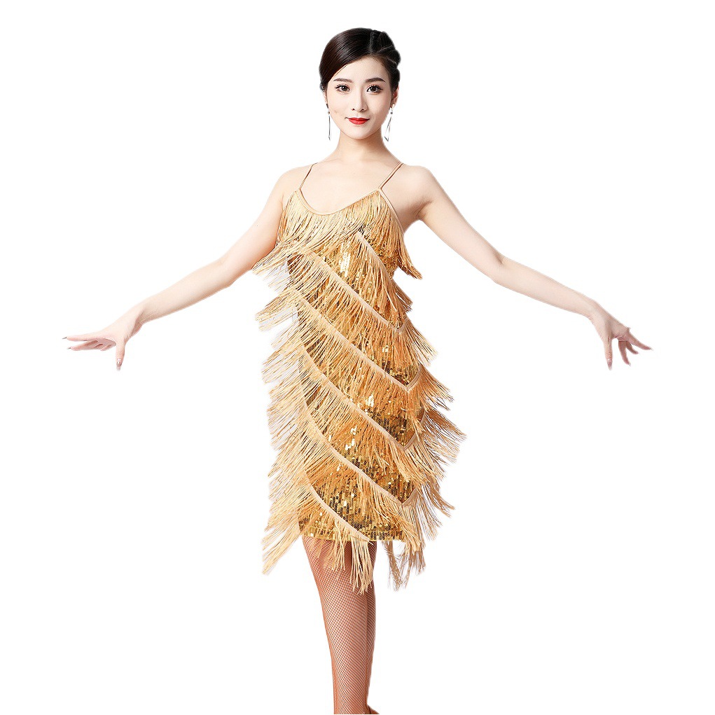Latin Dance Sequined Tassel Skirt Latin Dance Skirt V Neck Party Dance Skirt Performance Clothing Stage Performance Competition Clothing