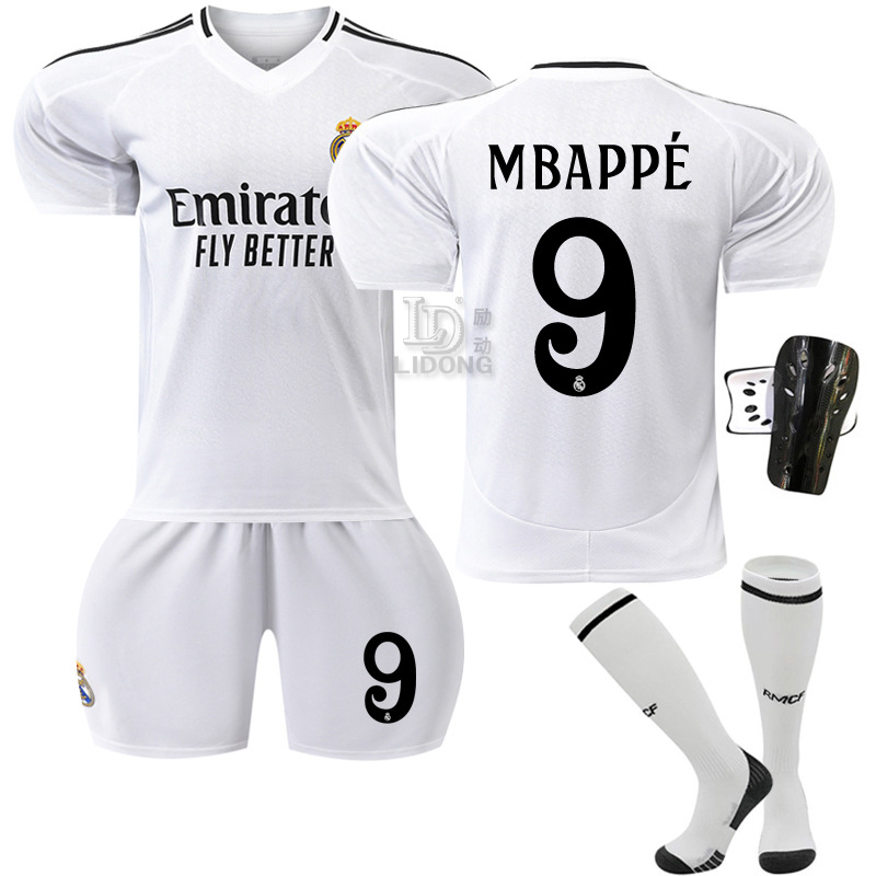 2024-25 Real Madrid Home Football Uniform suit No.9 Mbappe Jersey with Socks 5 Bellingham Large