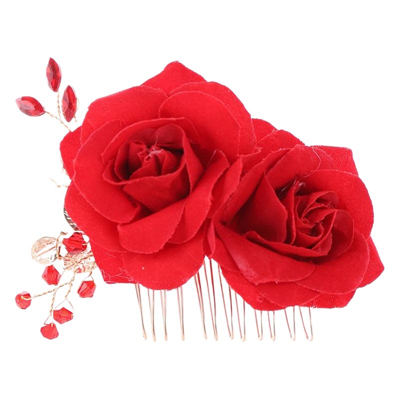Bridal Headdress Red Flower Rhinestone Hair Comb Hand-Beaded Comb Head Flower Rose Toast Clothing Headdress Wholesale