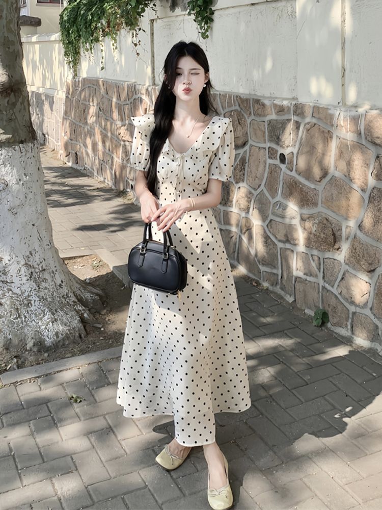 Summer Waist Slimming and Sweet Temperament Ruffled Long Skirt Tea Break French Polka Dot Skirt Retro Polka Dot Dress for Women