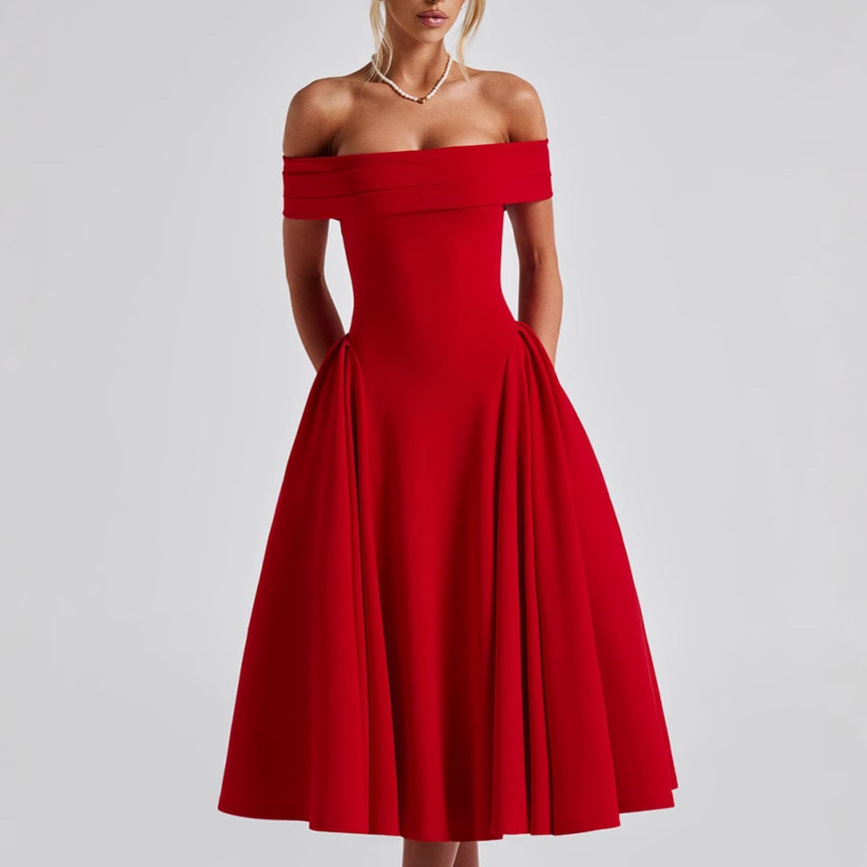 2025 Cross-border Summer New Fashion Sexy One-character Collar Backless Elegant Elegant Solid Color Strapless dress Women