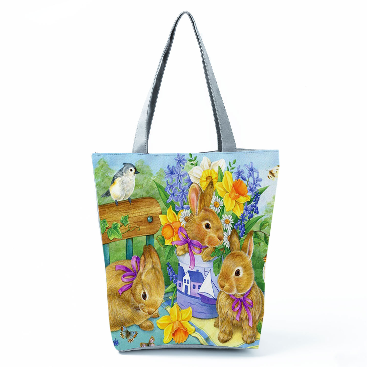 Picture of New cute flower cat printed shoulder bag portable travel storage bag large capacity outdoor tote bag