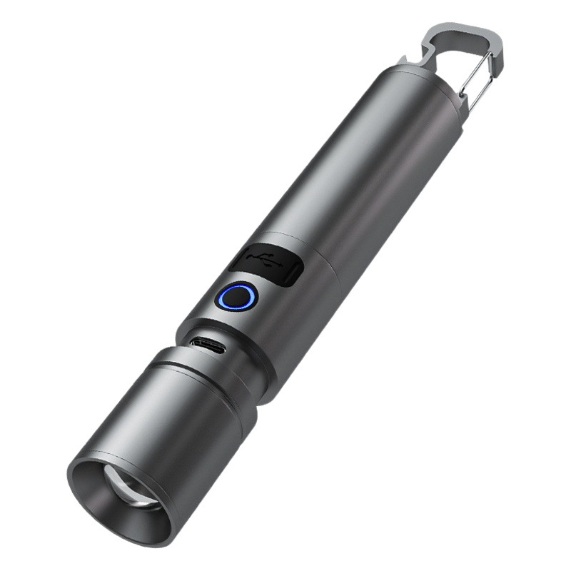 Cross-border new white laser flashlight telescopic zoom USB input and output hook bottle opener long shot flashlight