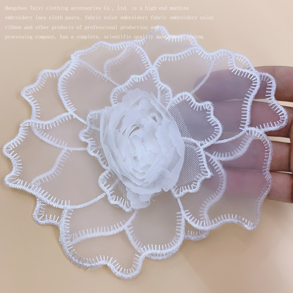 in stock 3D Computer Embroidery Four-Layer Rose Dress Accessories Dress Headwear White Organza Embroidery Flowers