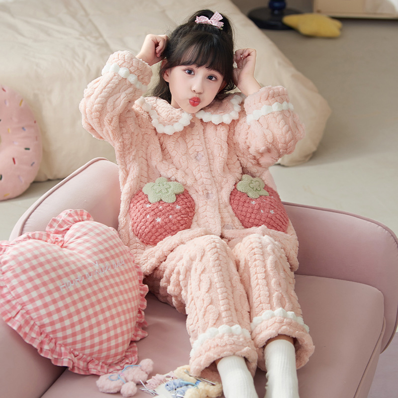 Girls' Pajamas Winter Coral Fleece fleece-lined Thickened Jacquard Fleece Children's Flannel Girls' Mother-daughter Home Clothes suit