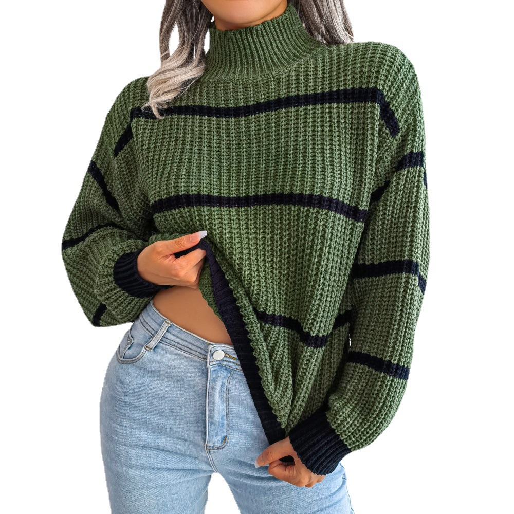 Picture of Real Shot of 2025 Autumn and Winter European and American Casual Stripesd Lantern Sleeve Half Turtleneck Knitted Sweater Amazon Cross-Border Women's Clothing