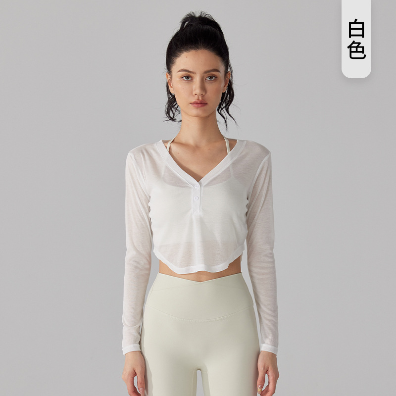 Picture of Wholesale Spring Summer Autumn Tencel Yoga Long Sleeve Loose Breathable V-neck Sports Blouse Women's Quick-drying Running Fitness Wear