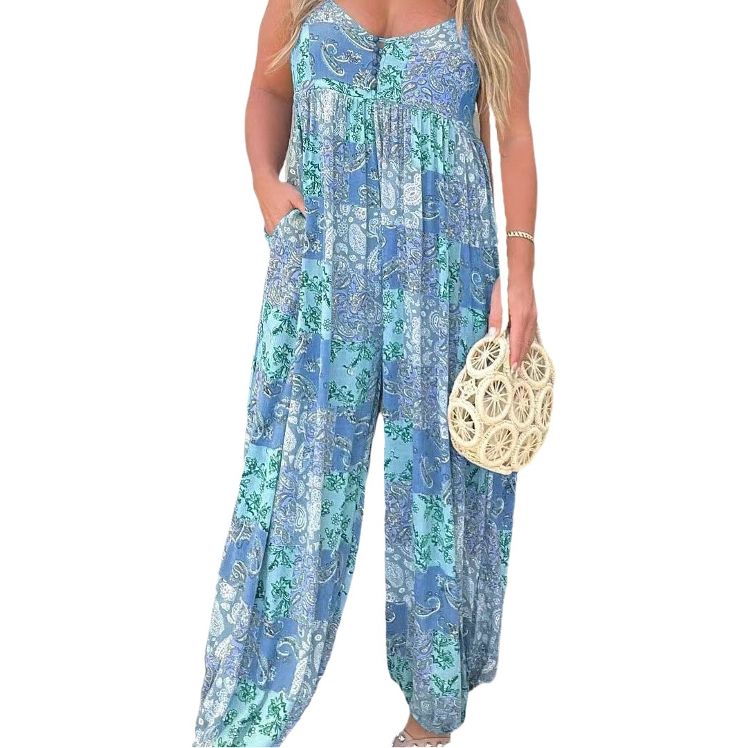 Picture of 25 Amazon Wish Unique Cross-Border Hot Product Ebay Women's High Waist Trendyy Loose Printed Shoulder Strap Jumpsuit