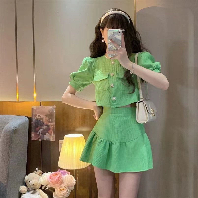 Picture of Elegant socialite Chanel style puff sleeve bow shirt top high waist pleated skirt two-piece suit for women Summer