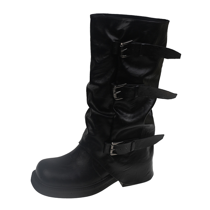 Picture of Internet celebrity belt buckle mid-leg boots women's boots autumn and winter new niche retro wasteland style pleated fashion trouser boots women