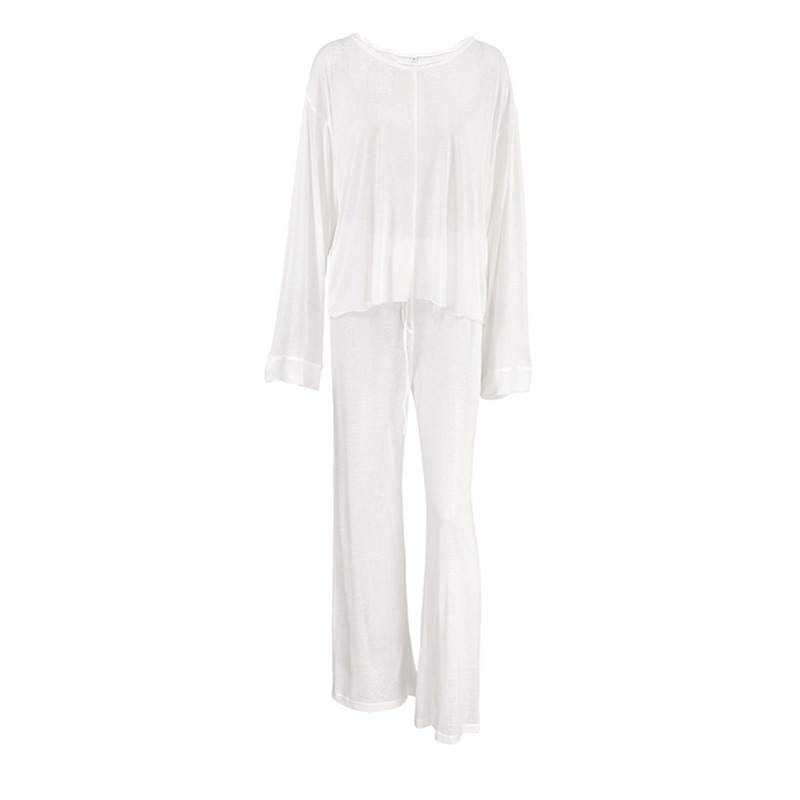 2025 Spring New White Round Neck Long-Sleeved Pants Women's Home Clothes Simple Casual Breathable Women's Home Clothes