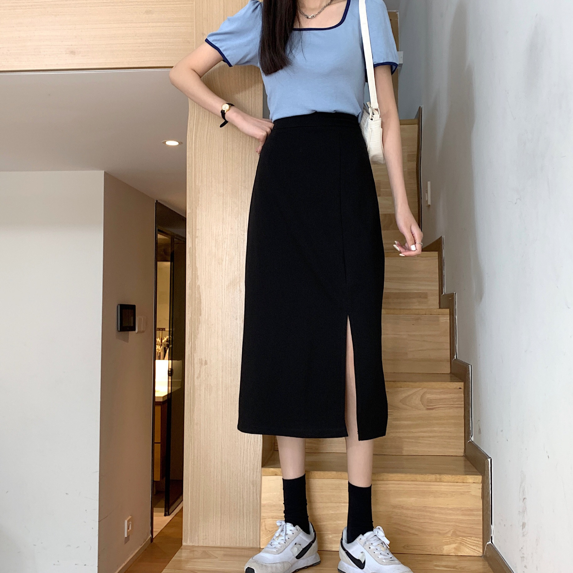 Black Skirt Women's Summer A- line Mid-length Skirt 2024 New Style Small High Waist Chic Skirt Design Sense Niche
