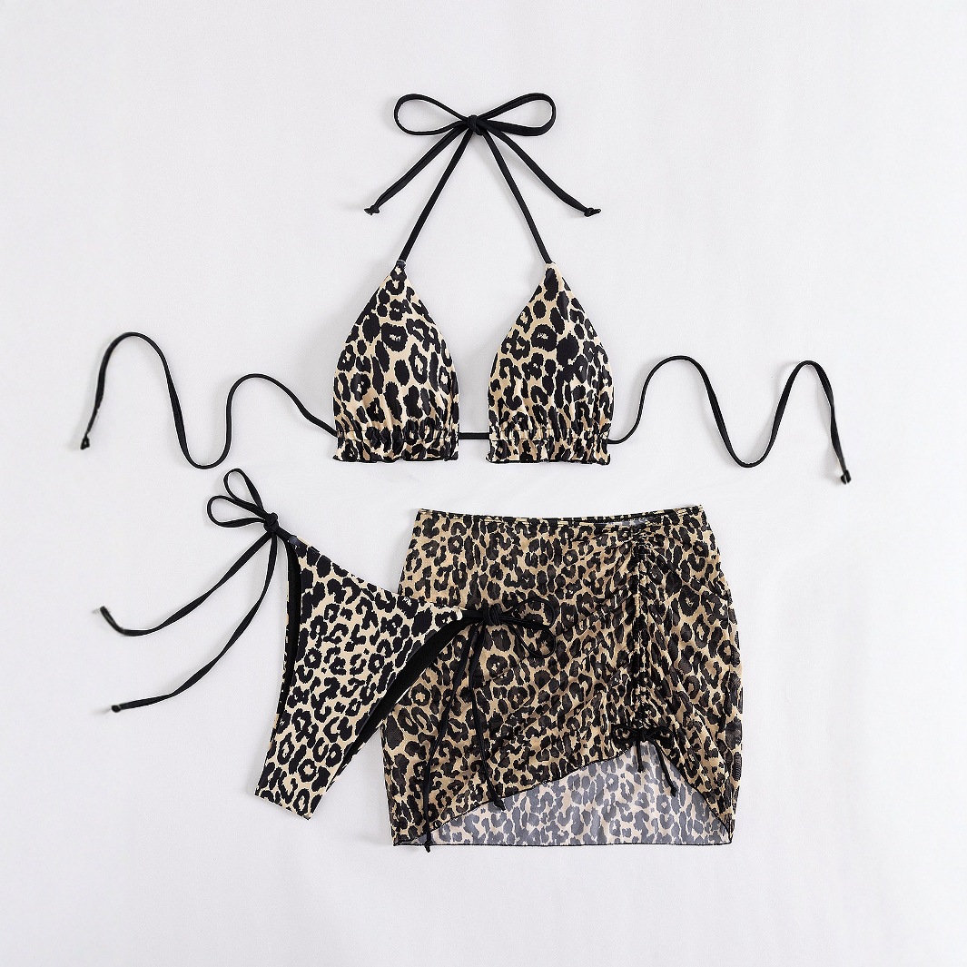 Amazon foreign trade bikini swimsuit 2025 new European and American leopard print lace-up sexy swimsuit women's three-piece wholesale