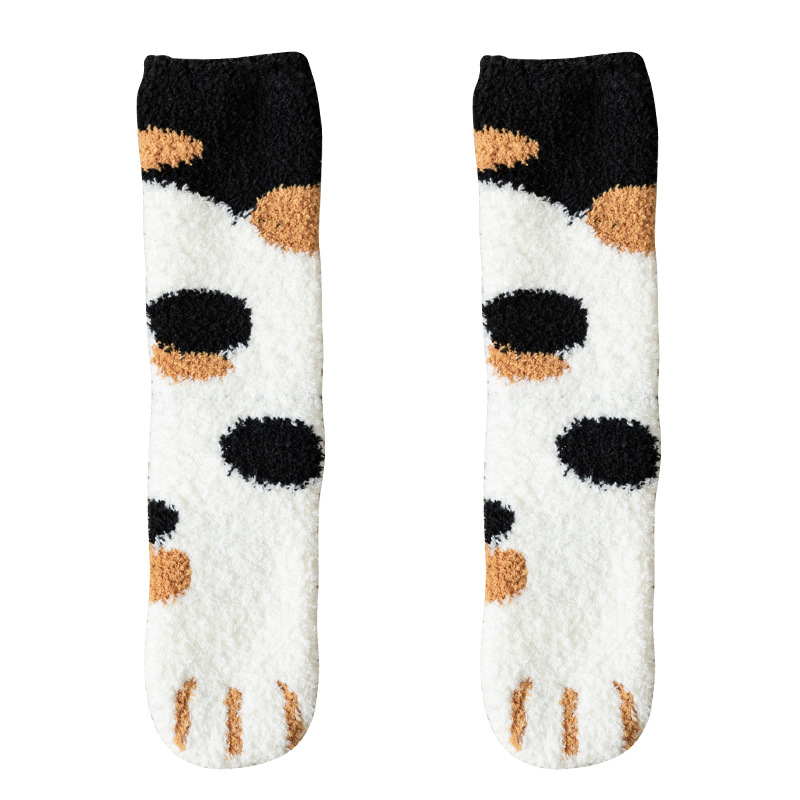 Picture of 20 Autumn and Winter Women's Japanese Style Middle Cylinder Separate Packaging Thickened Cartoon Sleep Socks Coral Fleece Cat Claw Home Floor Socks